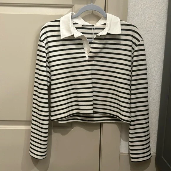 ZARA black and white striped crop long sleeve polo top size S 3905/003 - Picture 2 of 3